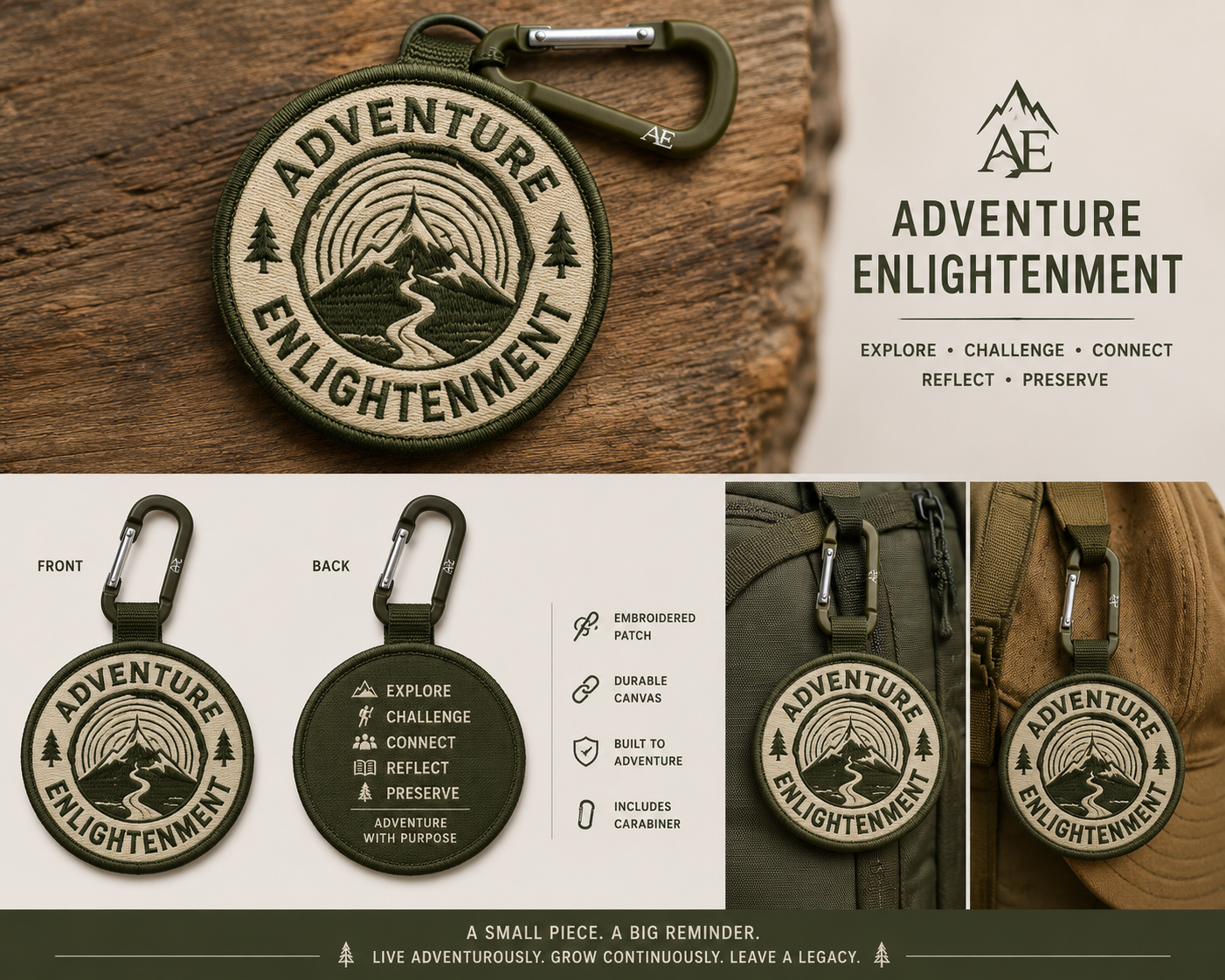 Adventure Enlightenment embroidered patch and carabiner mockup showing the front, back, and attachment to outdoor packs